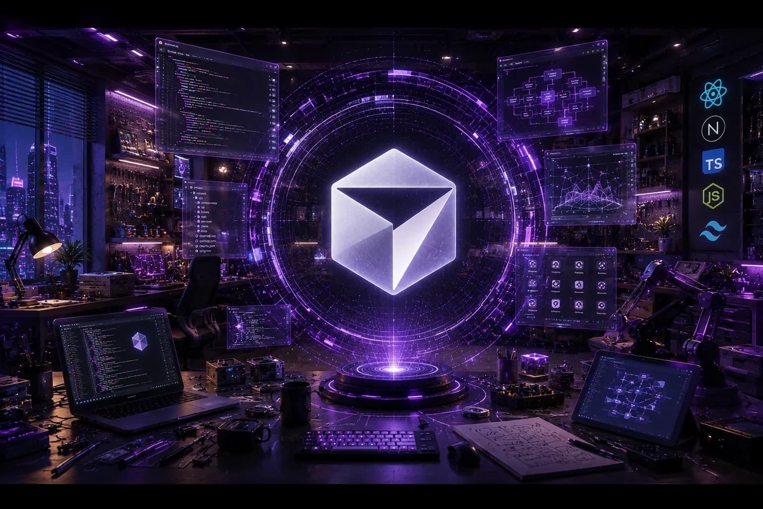 Светящийся белый куб-логотип Cursor как голограмма над проектором в тёмной фиолетовой мастерской; вокруг концентрические кольца данных и парящие экраны с кодом, графом узлов, деревом файлов и панелью агентов, справа на стене логотипы React, Next.js, TypeScript, JavaScript и Tailwind, слева окно с ночным городом и стеллаж с инструментами, на столе ноутбук, клавиатура, кружка и роботизированная рука