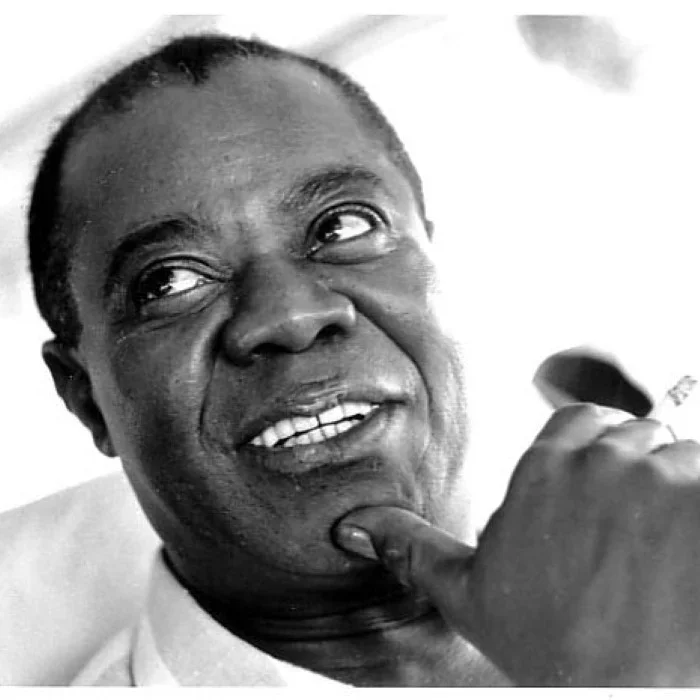Louis Armstrong, black-and-white portrait